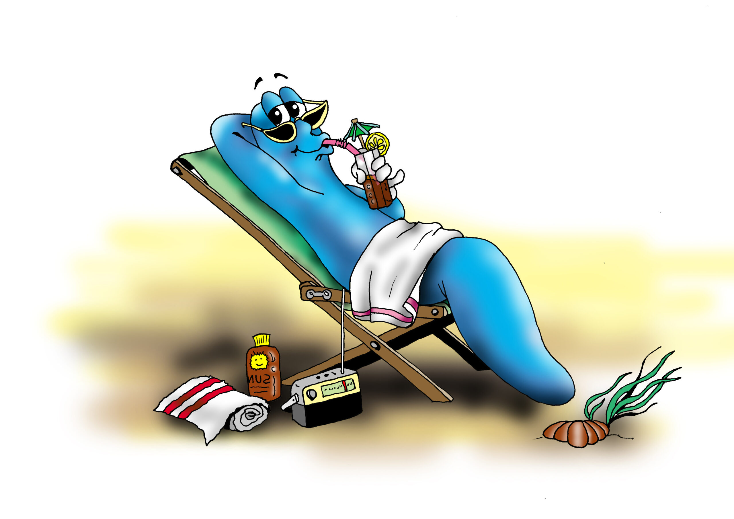 bpw Wurm am Strand im Liegestuhl genießt kaltes Getränk